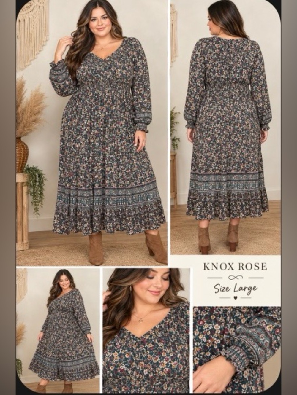 Knox Rose Floral Boho Long Sleeve Smocked Midi Dress - Size Large